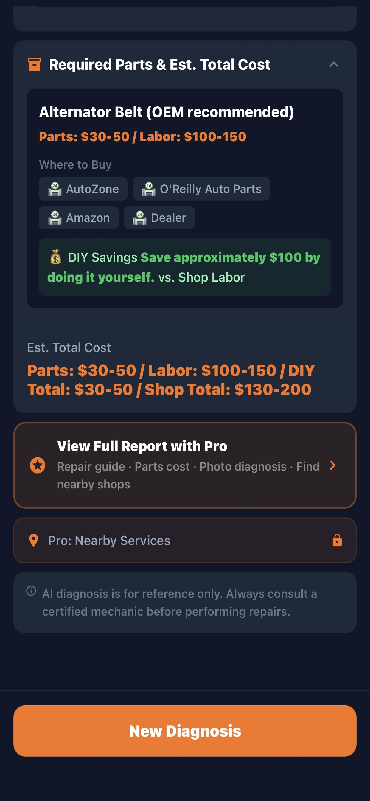 Real cost breakdown screen