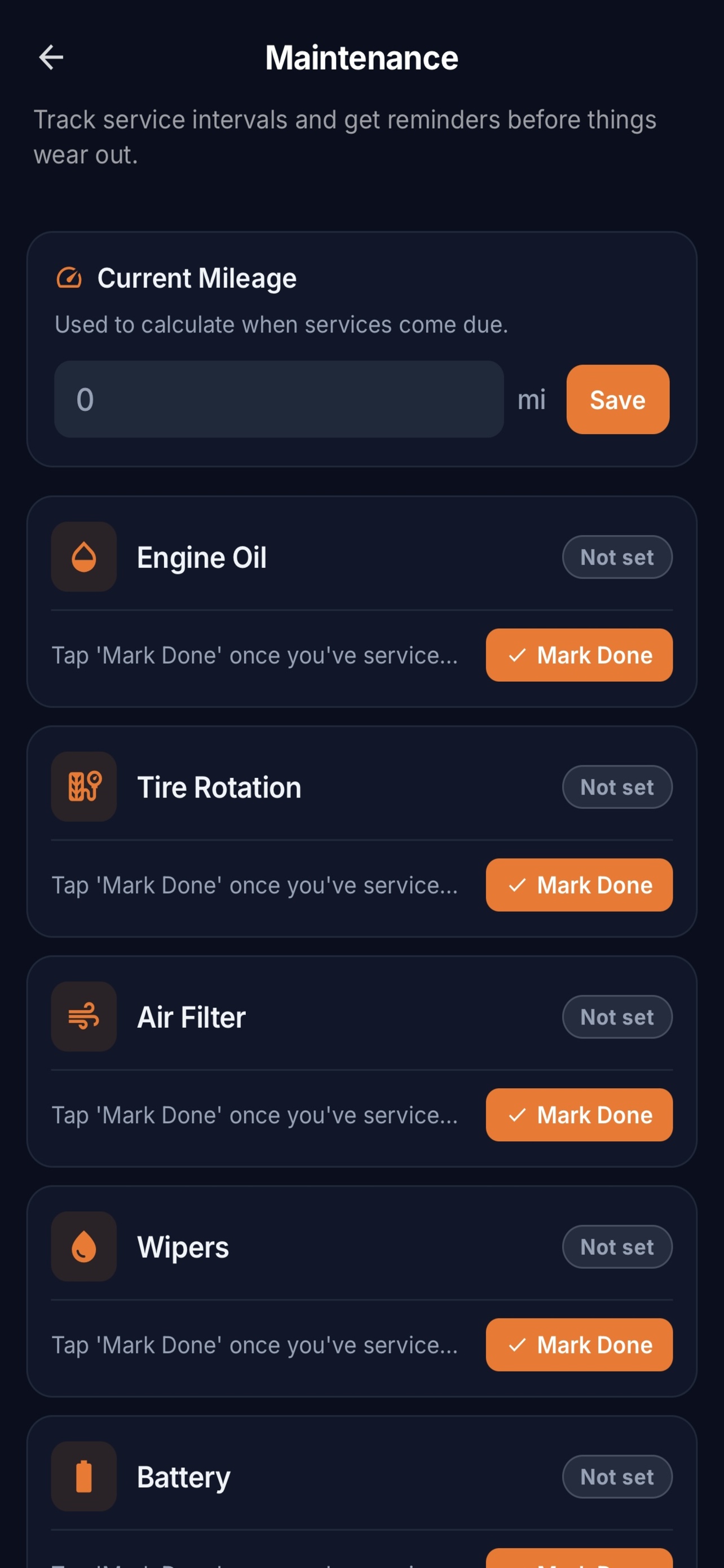 Maintenance reminders screen